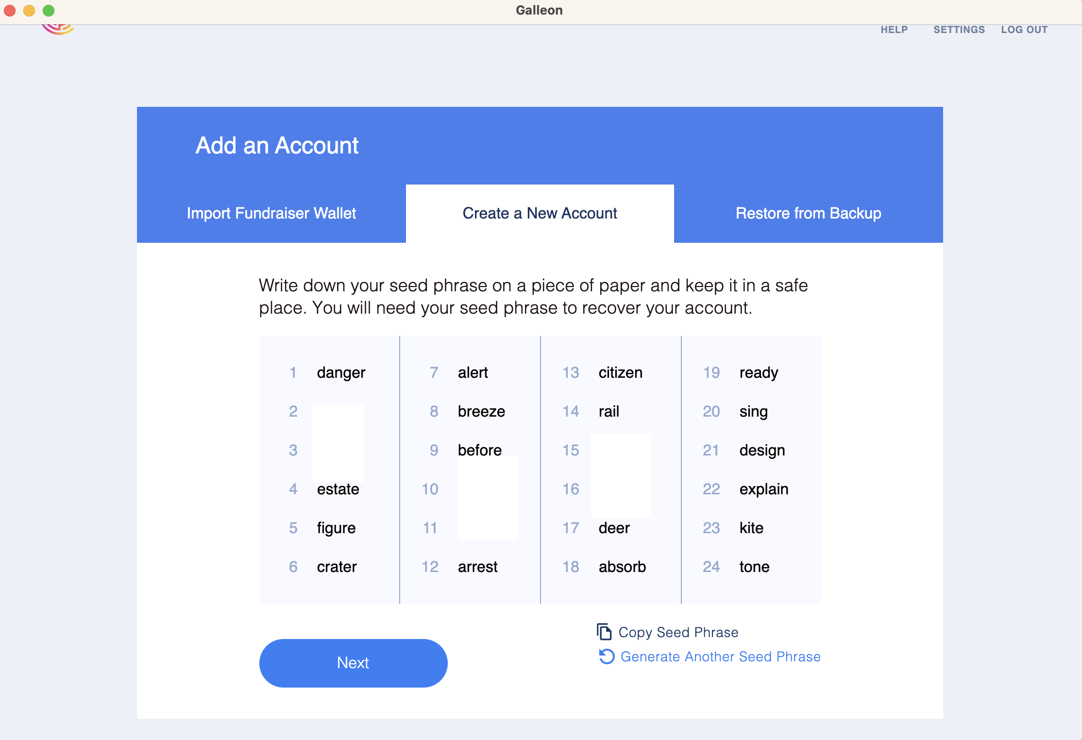 Galleon wallet - seed phrase