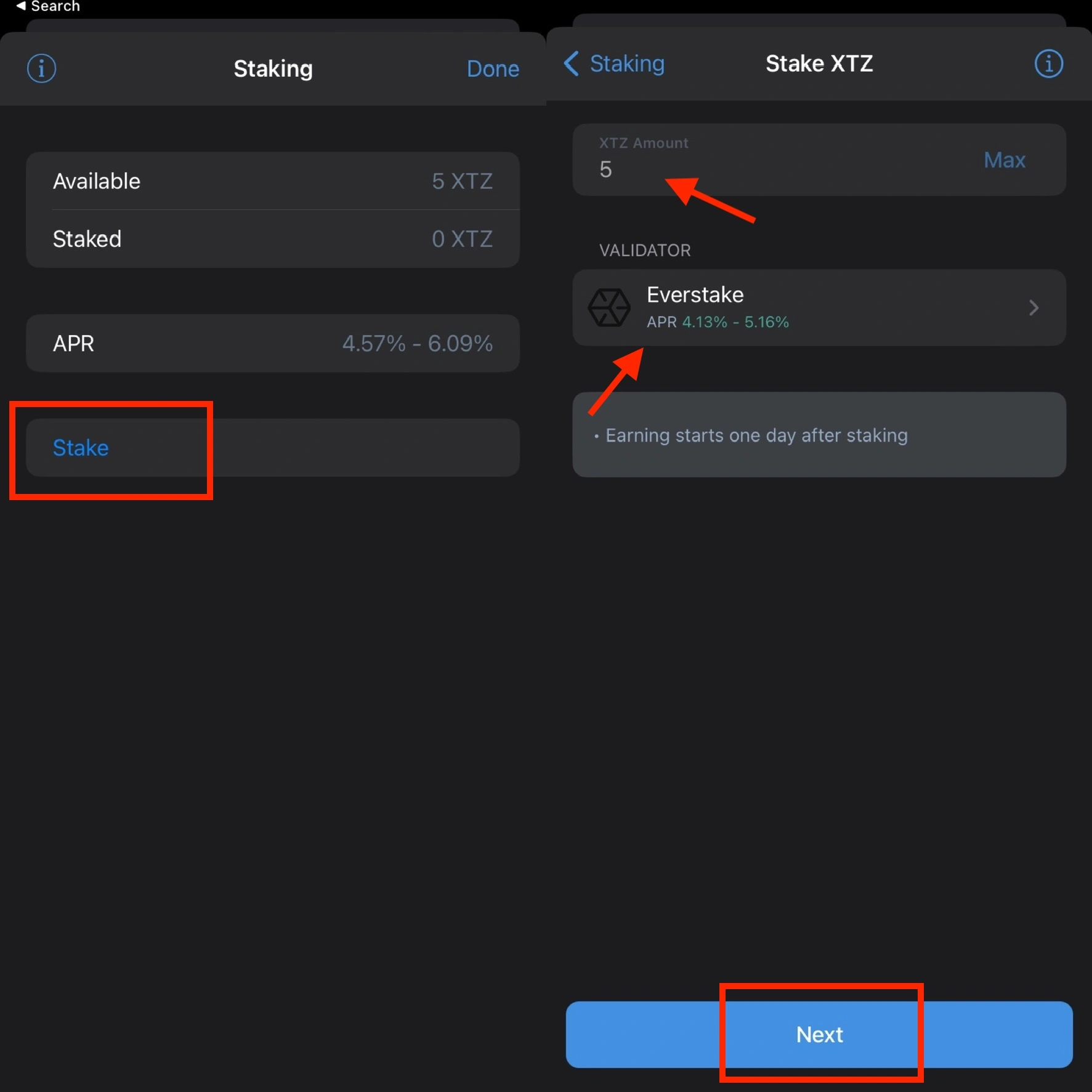 Trust Wallet, selecting validators & entering XTZ tokens to stake