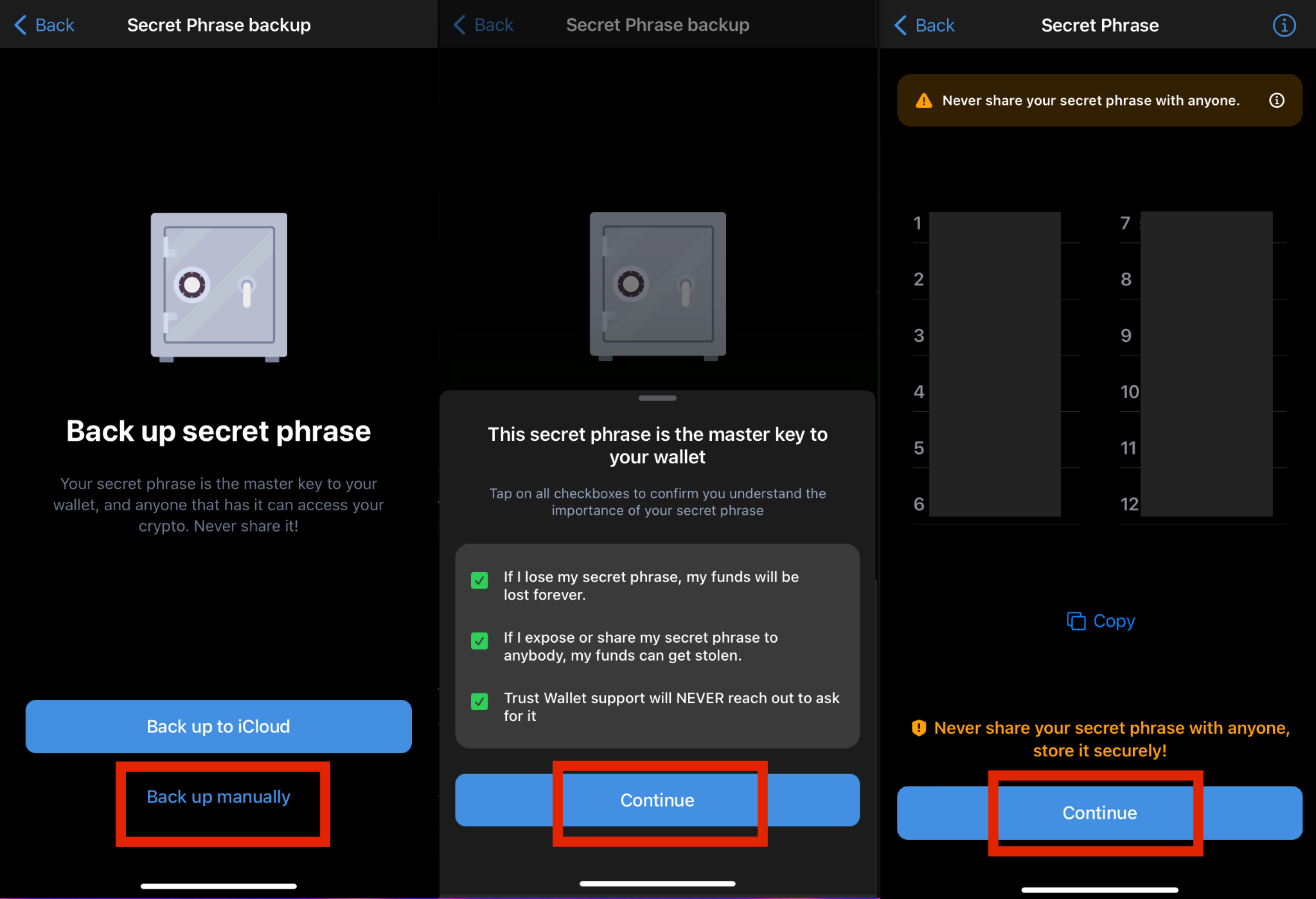 Trust Wallet, backing up secret phrase