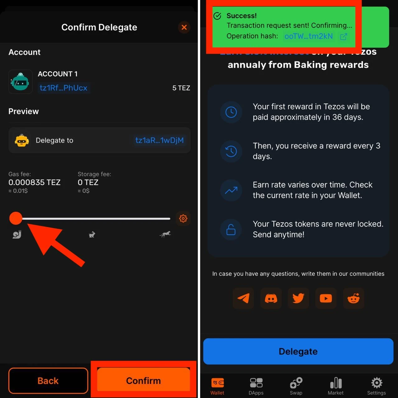Confirm delegation transaction
