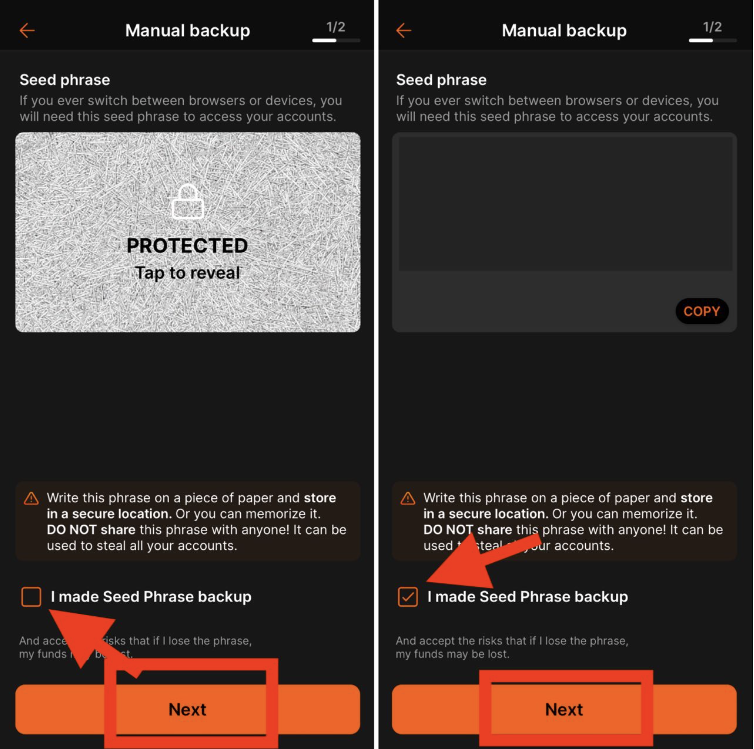 Manual seed phrase backup