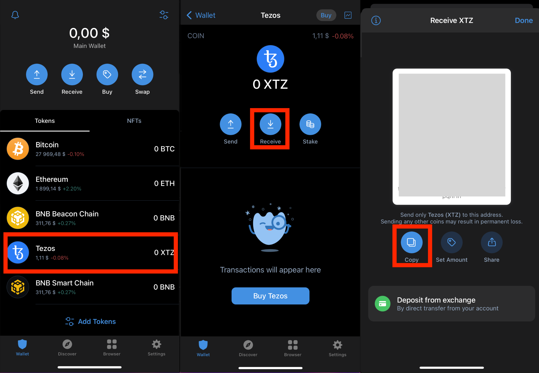 Trust Wallet, receiving XTZ address