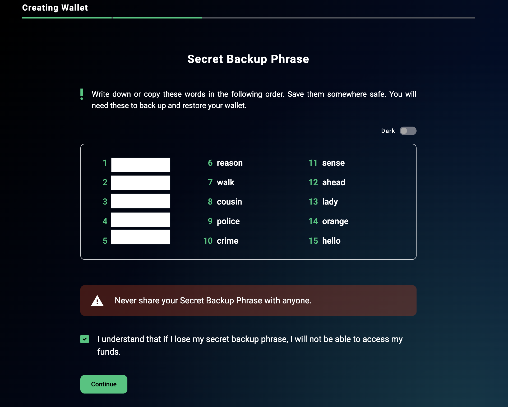 Gero Wallet Secret Backup Pharase