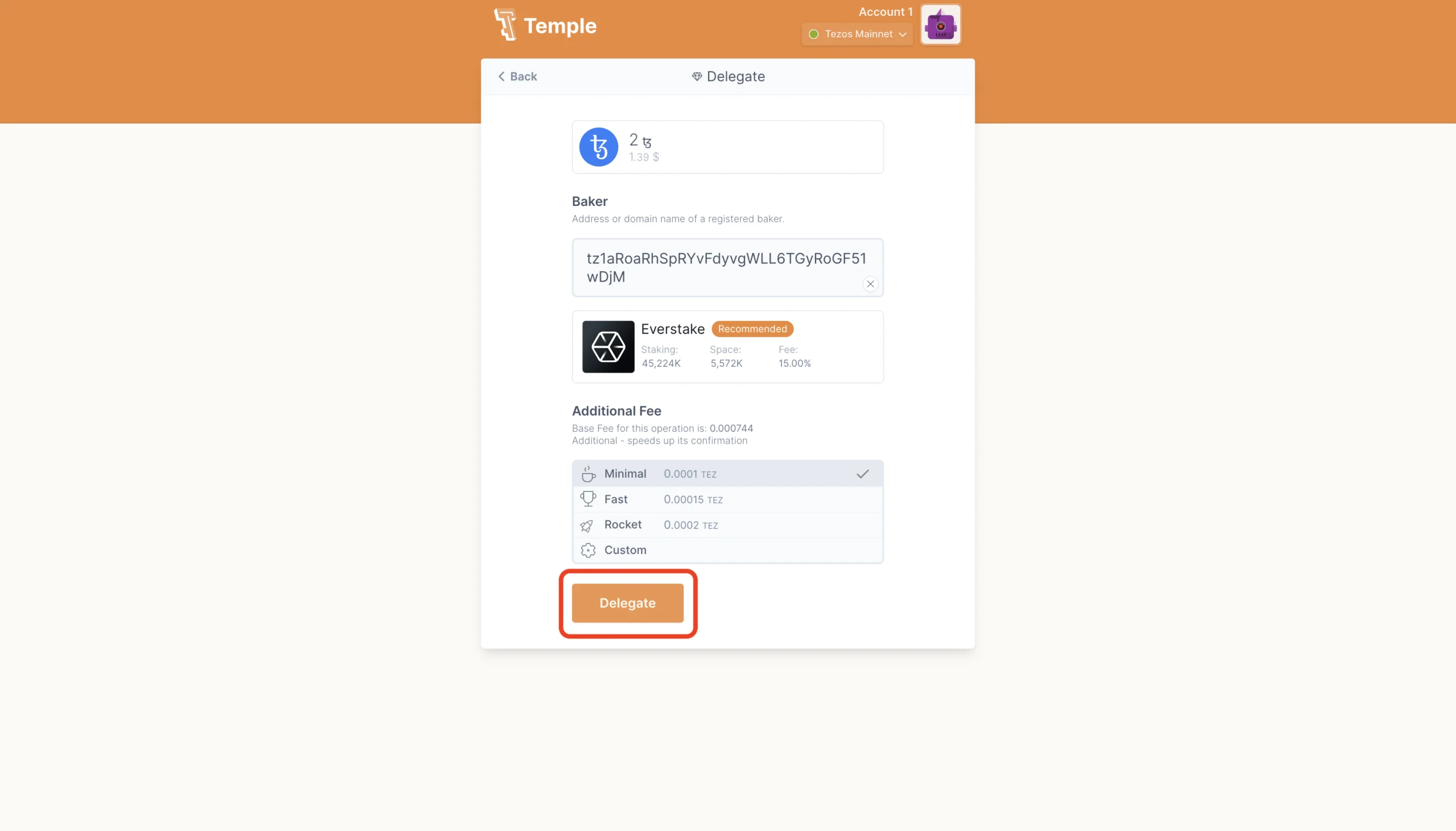 Temple wallet, confirm delegation