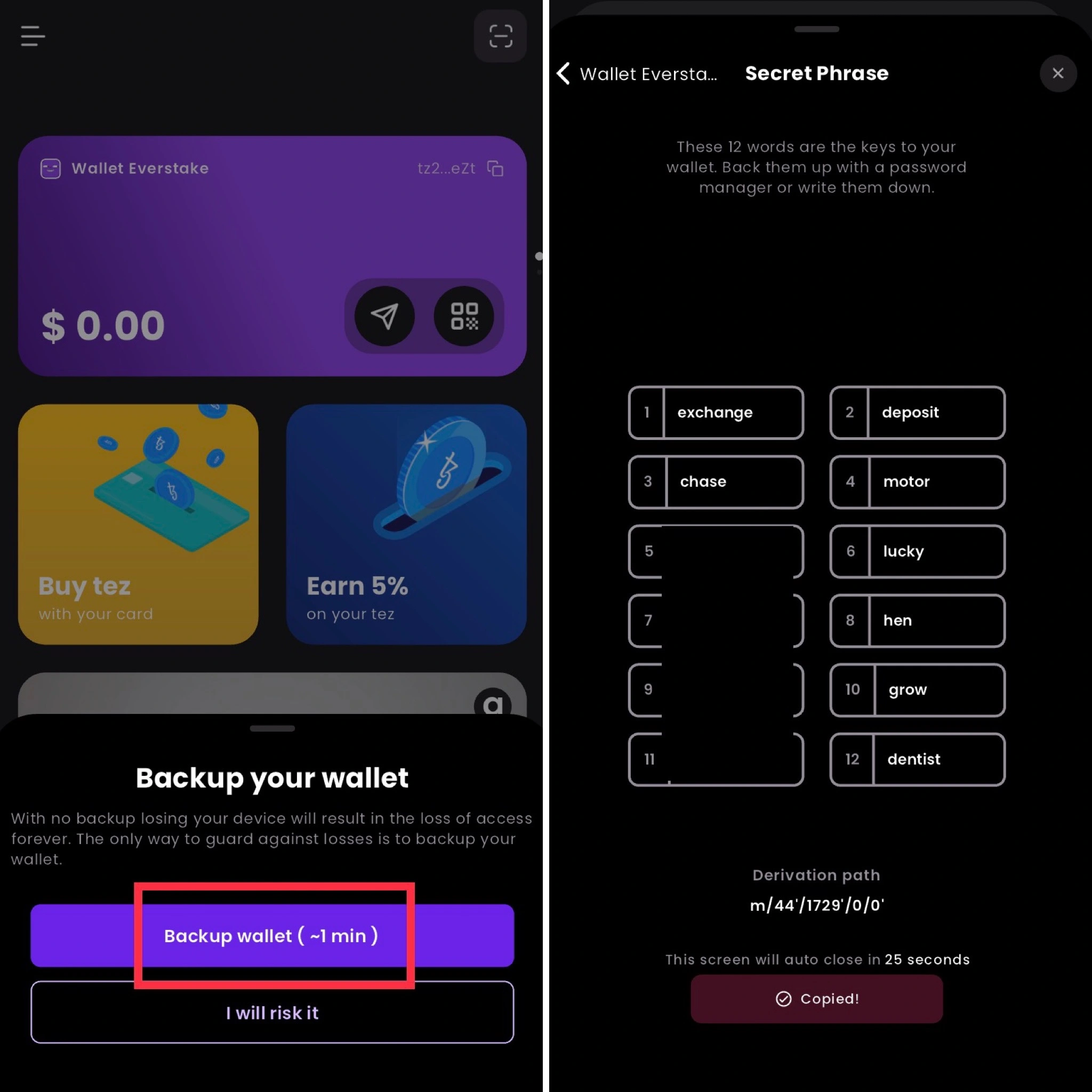 Plenty Wallet, backup your wallet