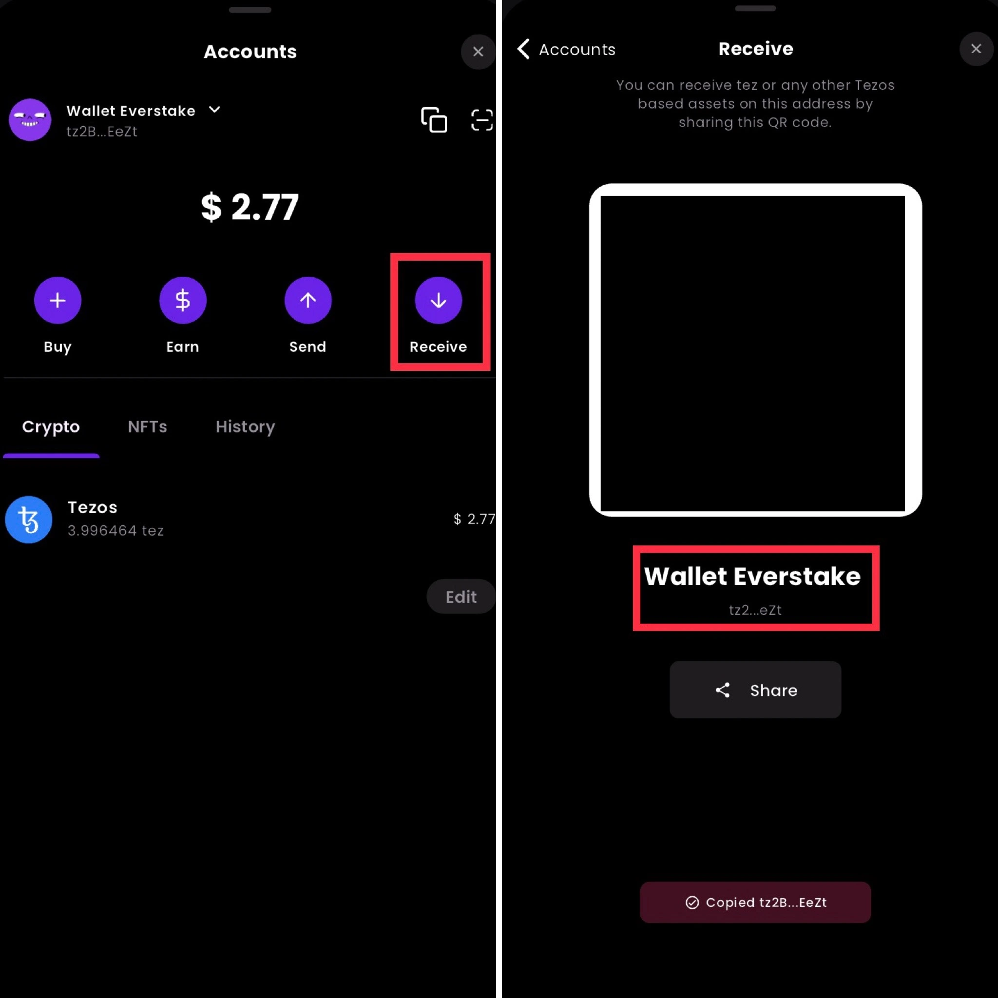 Plenty wallet, receive XTZ address