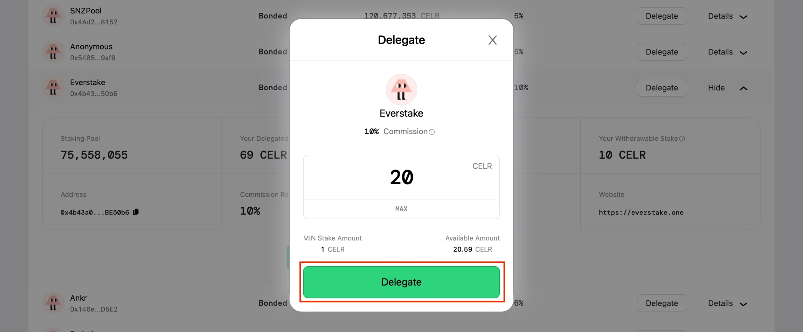 Delegating tokens to the validator