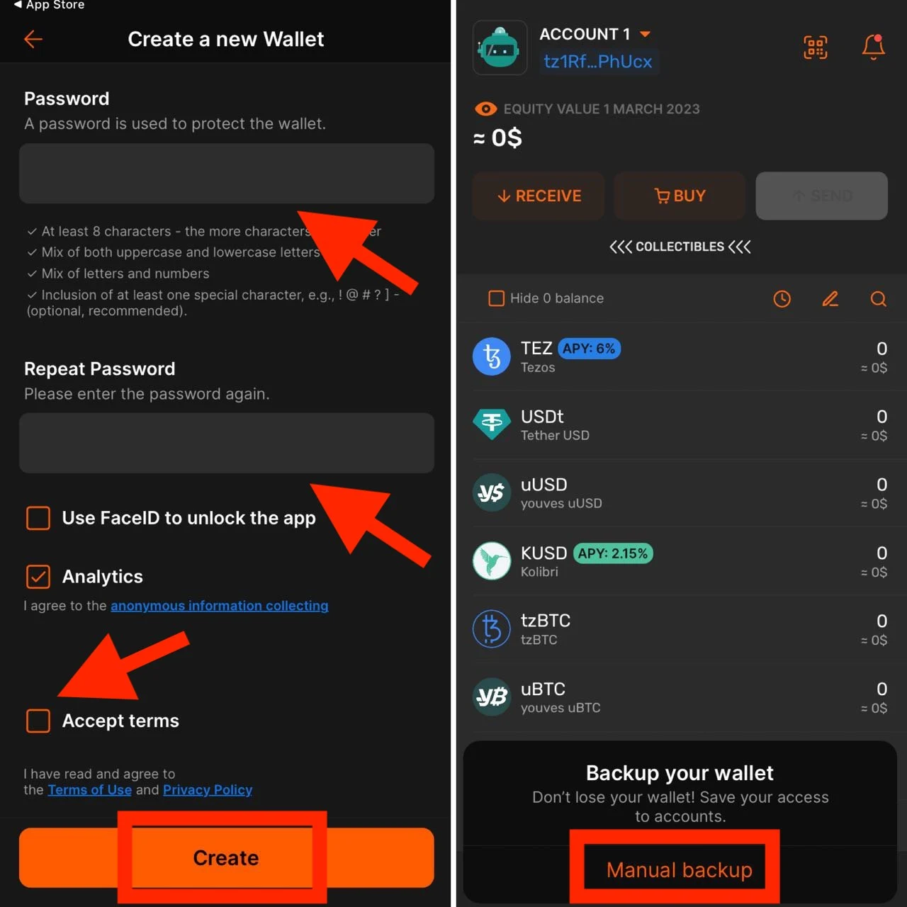 Choose strong password for wallet, pick manual backup