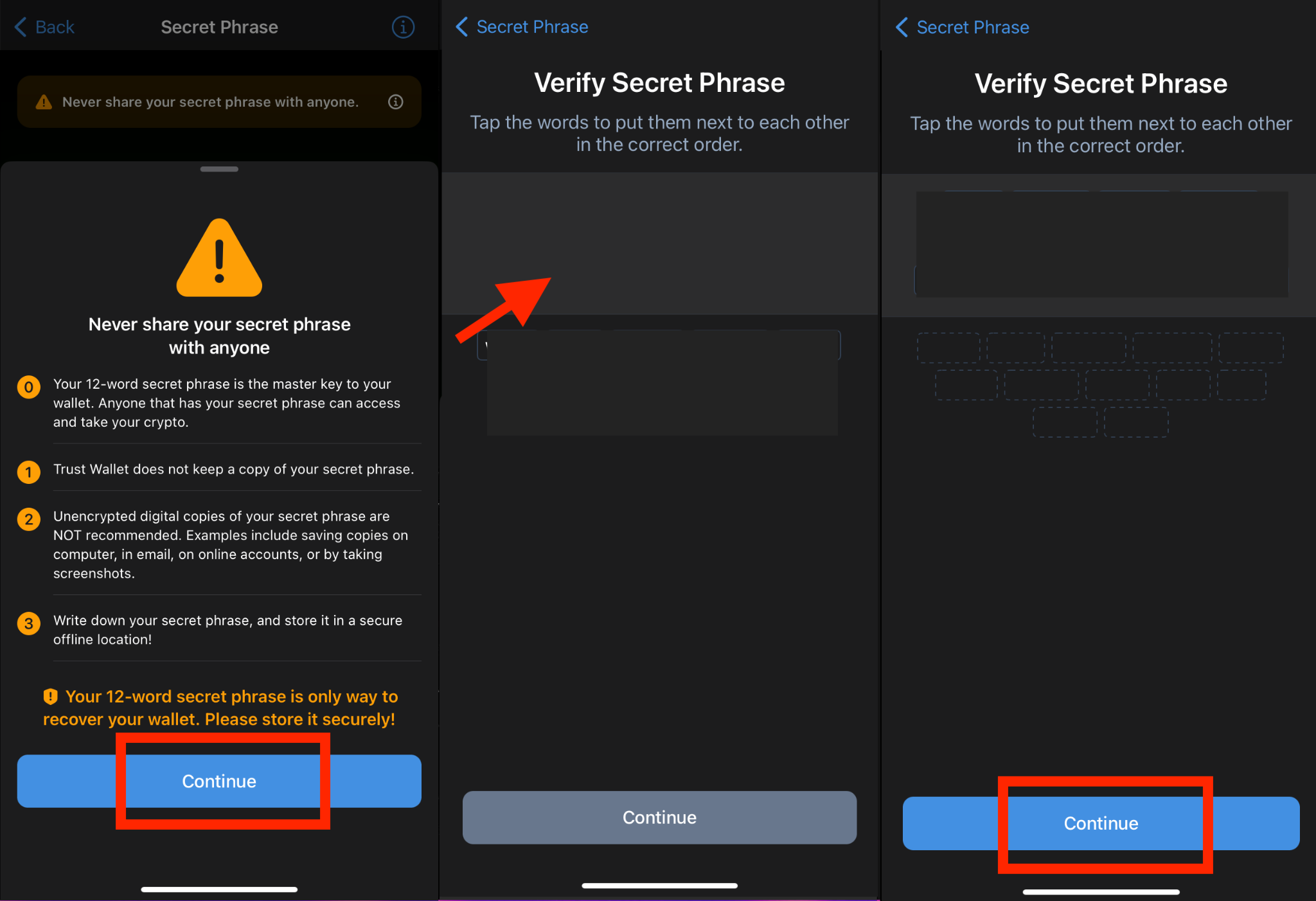 Trust Wallet, verify secret phrase
