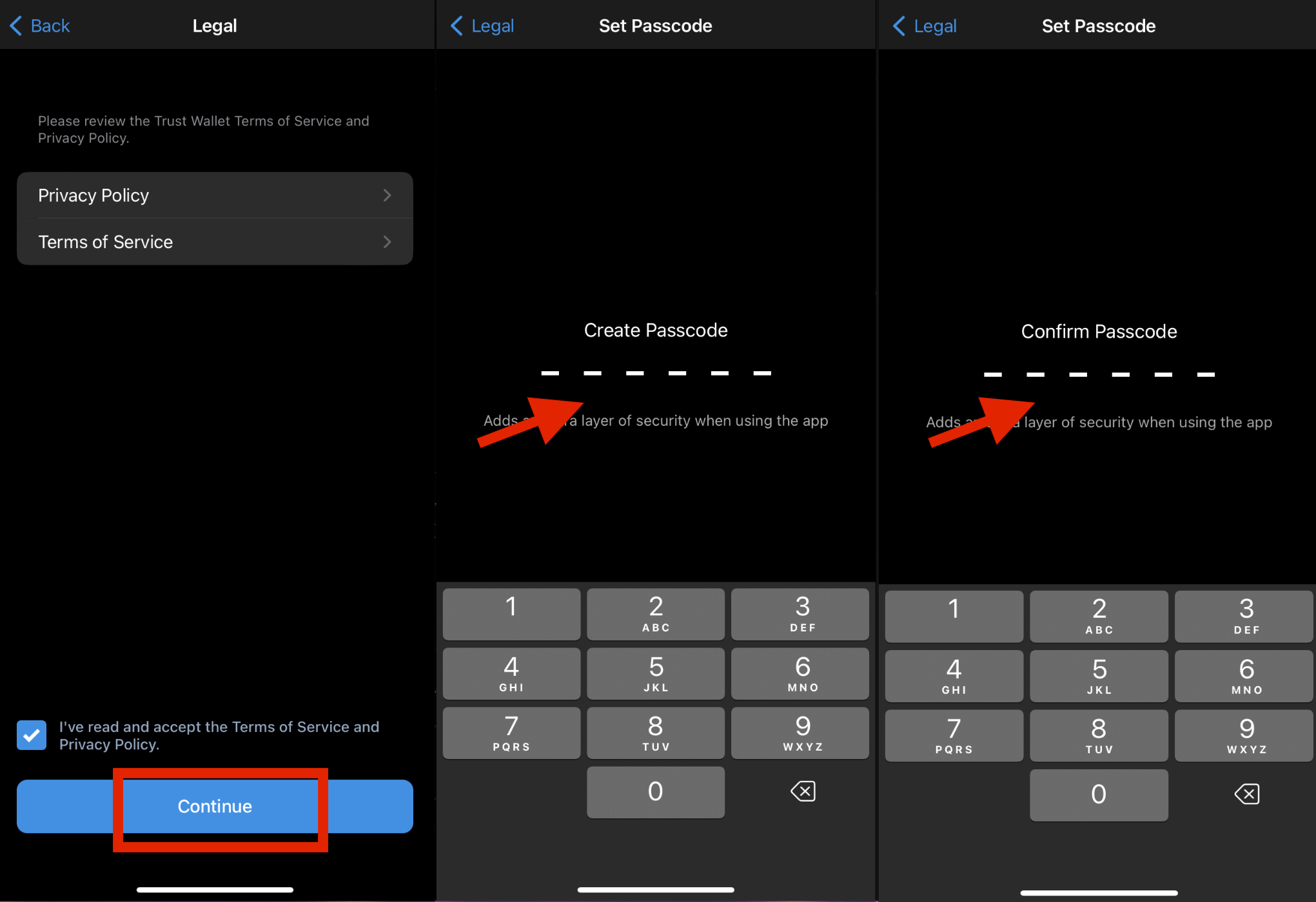 Trust wallet, setting a passcode
