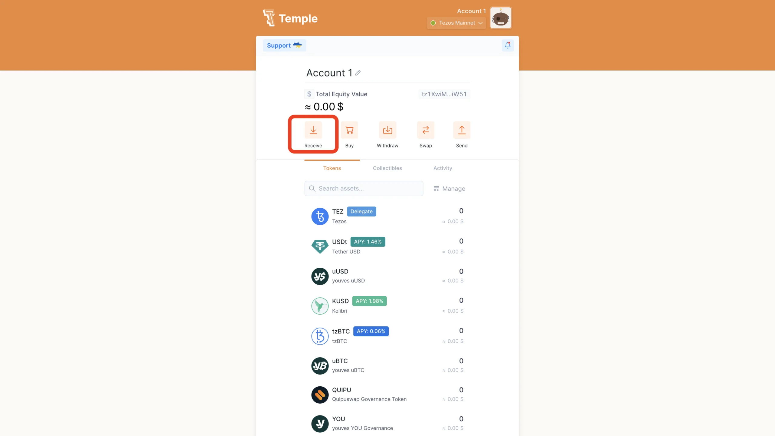 Temple Wallet main menu, receive button