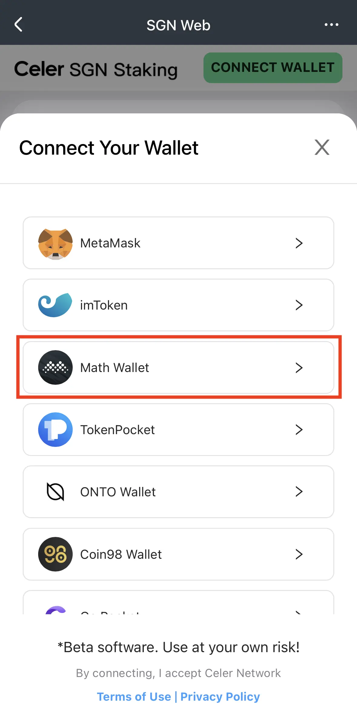 Choose the Math Wallet in the list