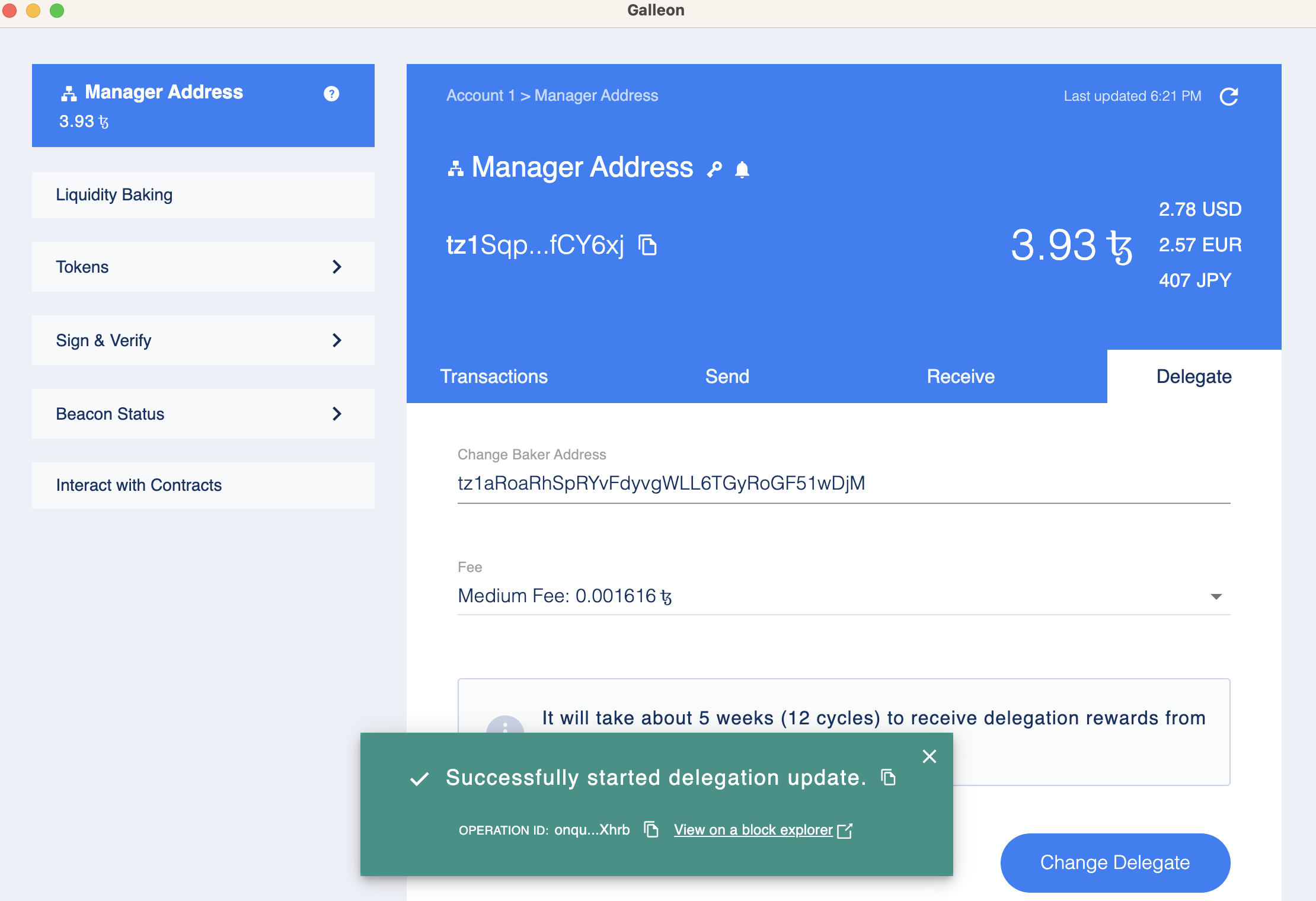 Galleon wallet, successful delegation