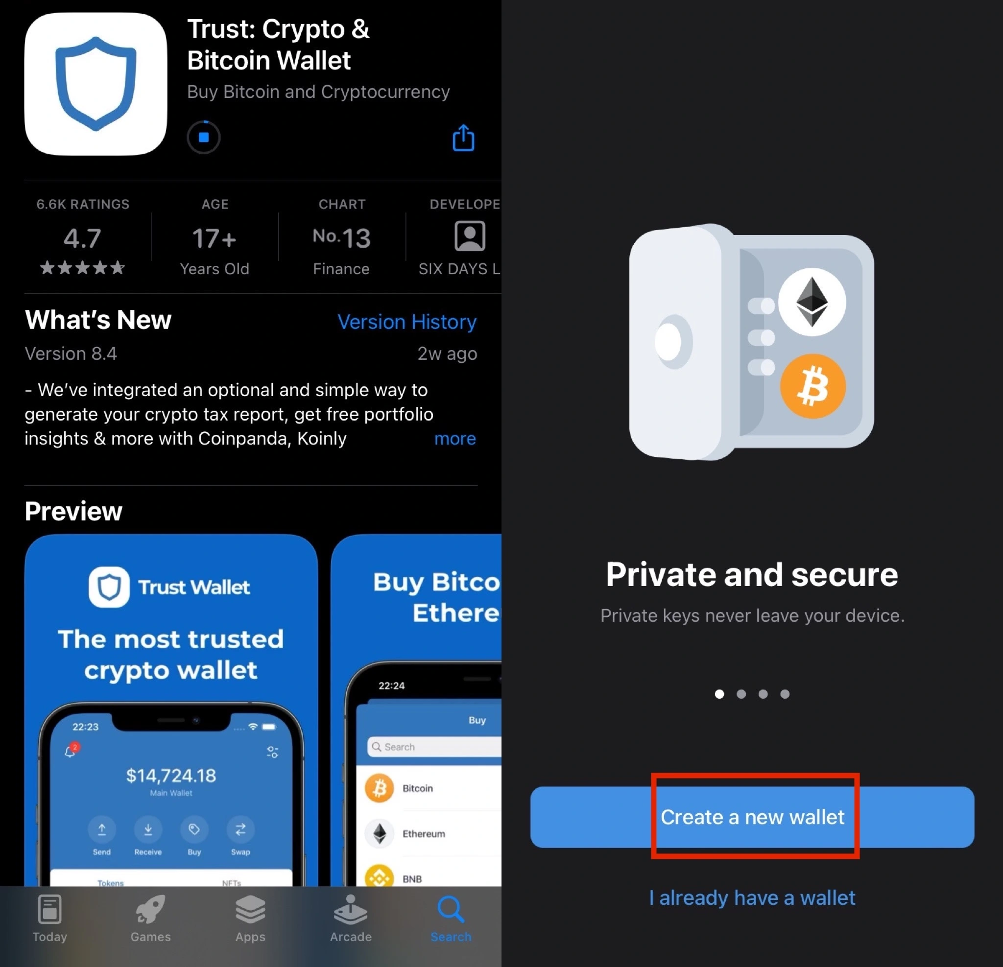 Trust Wallet, creating new wallet