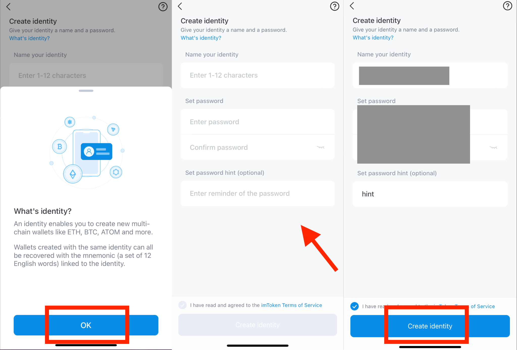 imToken wallet, create Identity menu