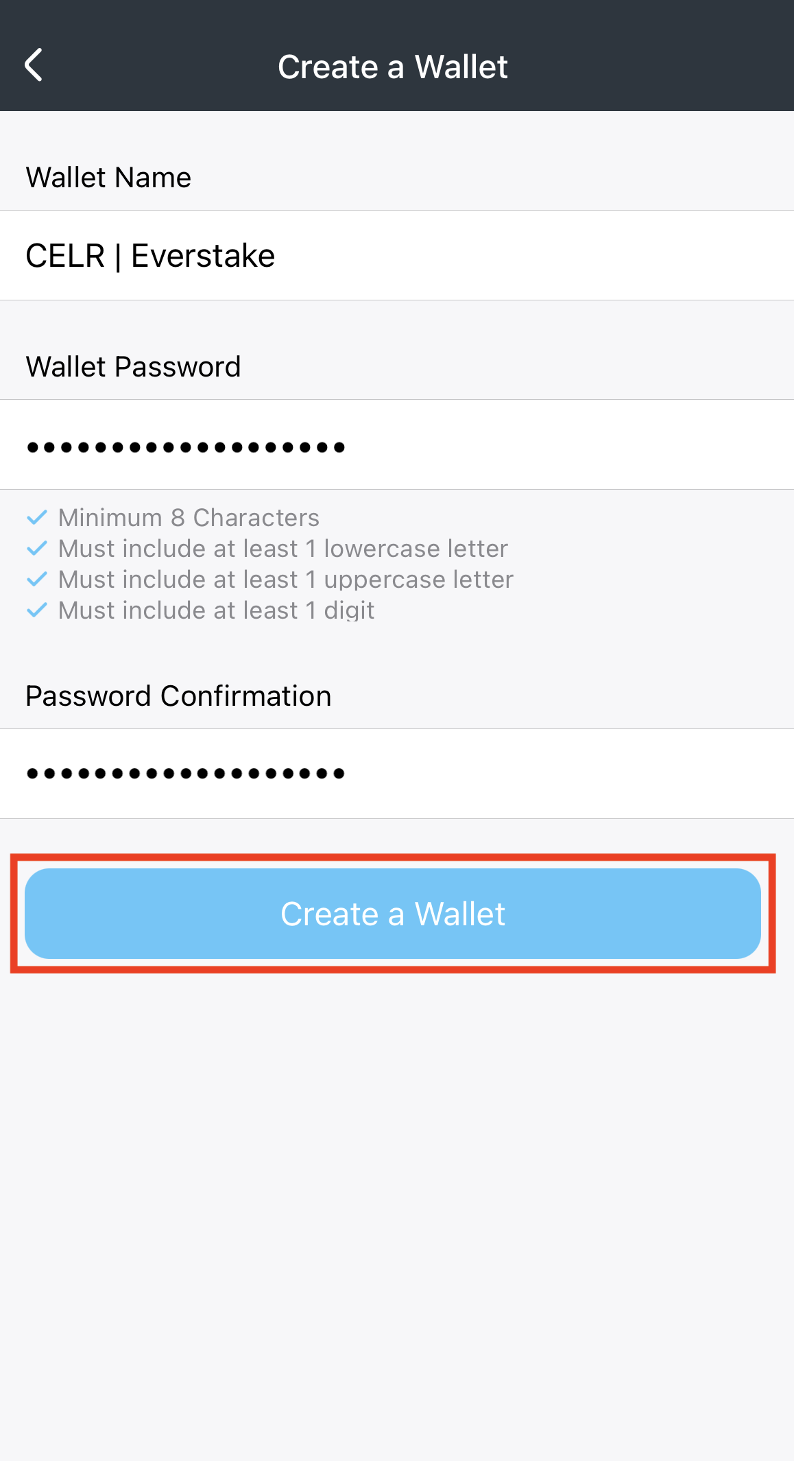 Enter the wallet name and password