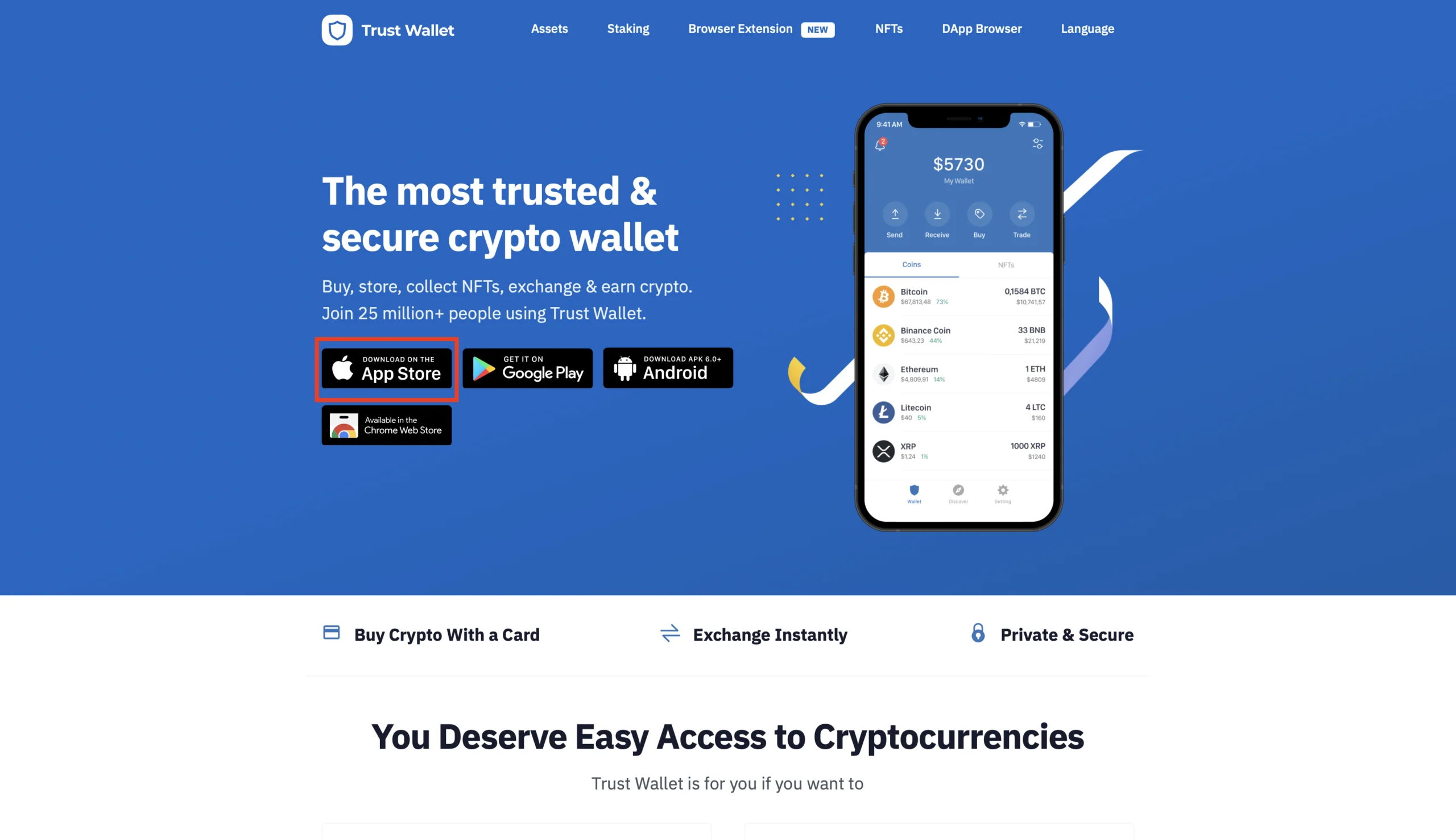 Trust wallet website, download from App Store button