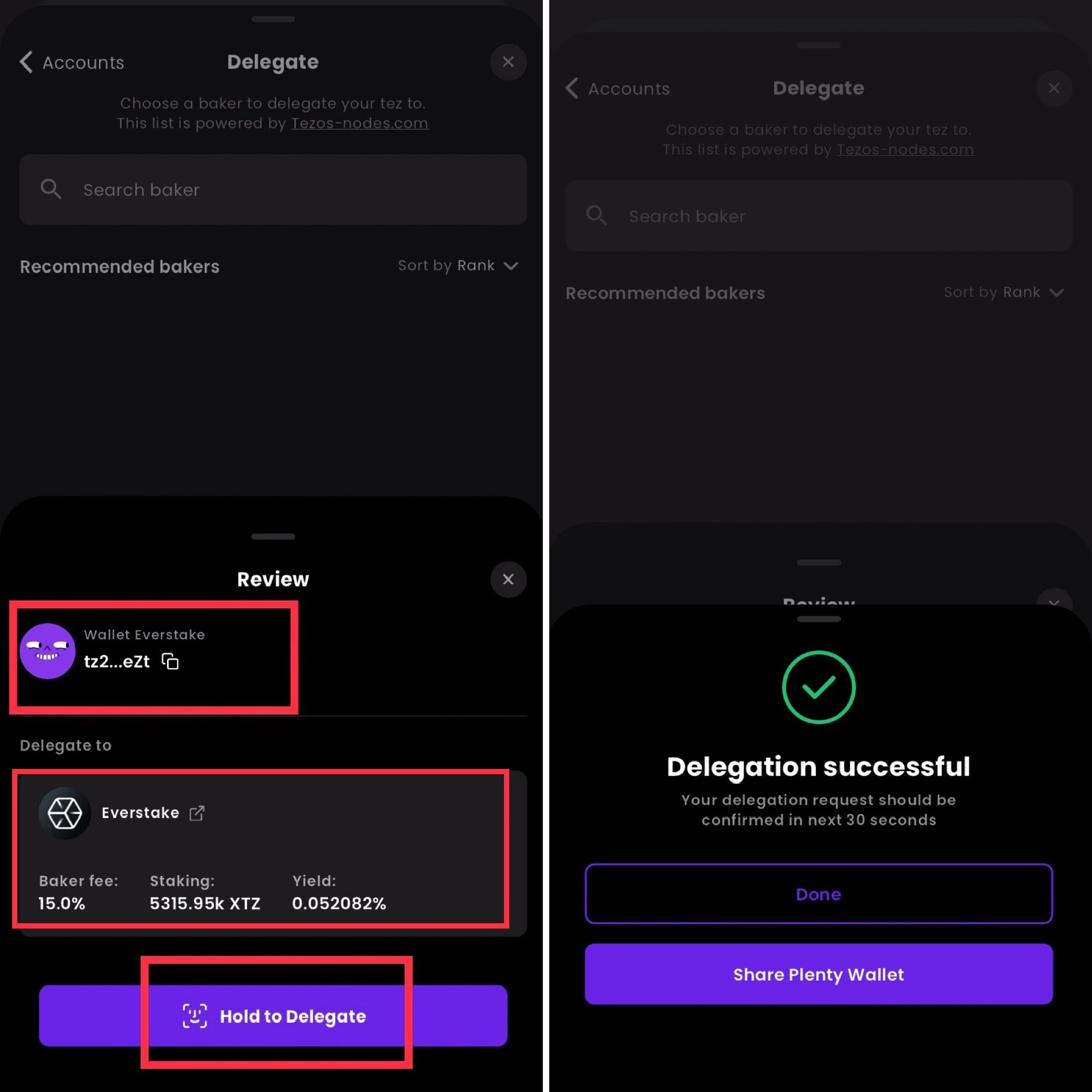 Plenty wallet, confirm delegation