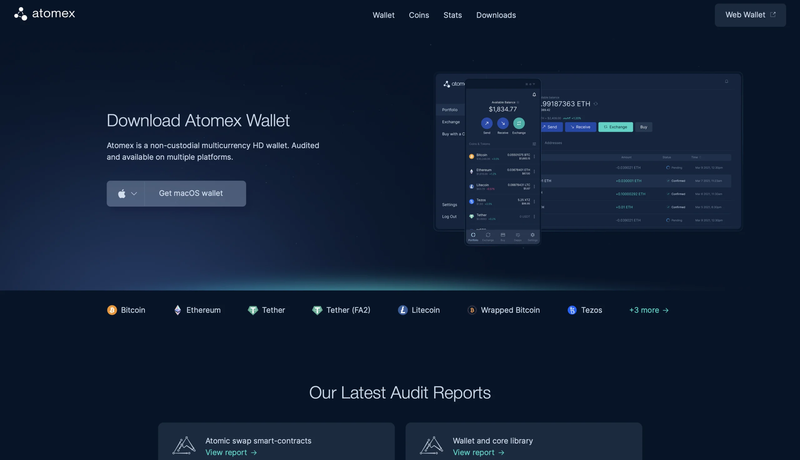 Atomex wallet main menu