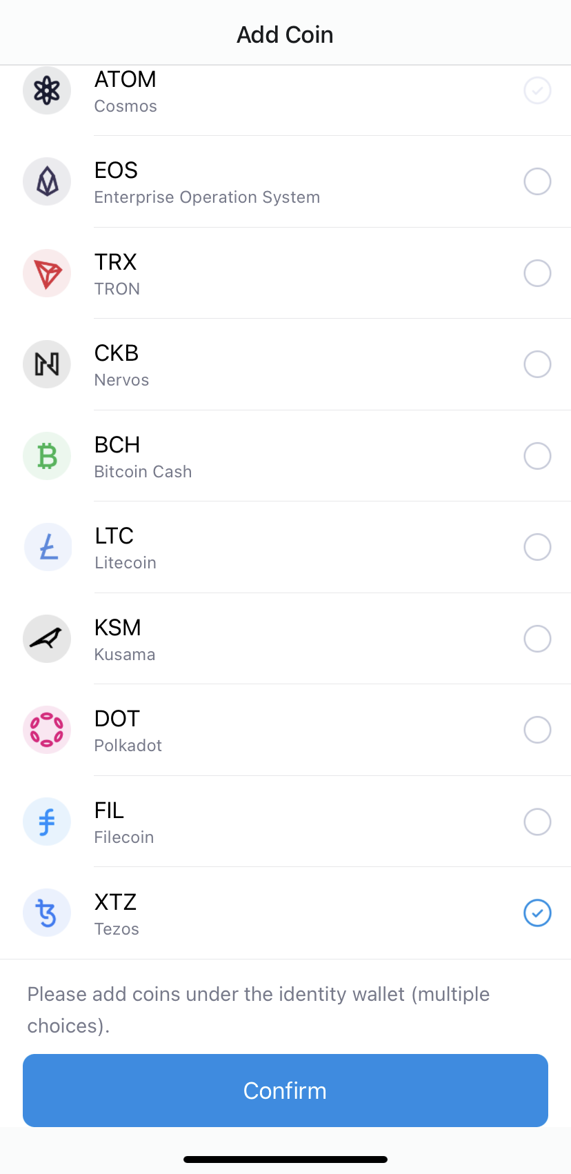 imToken wallet, selecting XTZ in the list